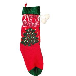 Vintage Knit Christmas Holiday Stocking With Merry Christmas & Tree Design